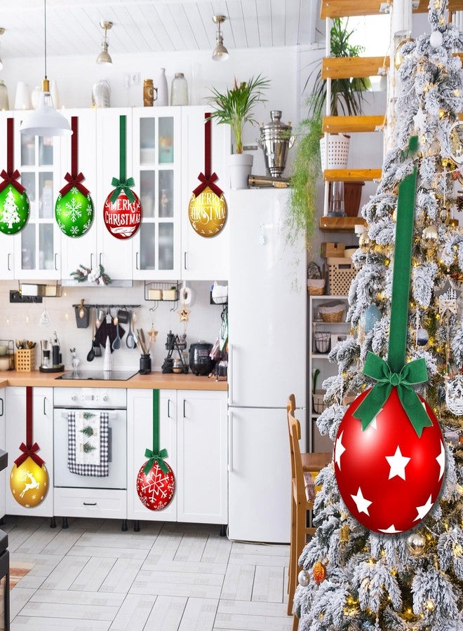 Fiwochic 8 Pcs Christmas Kitchen Cabinet Hanging Ornament with Velvet Red Green Bow 10 Inch Large Wooden Hanging Decoration 3D Merry Xmas Ball Decor for Kitchen Front Door Window Chair Tree Holiday - Image 4